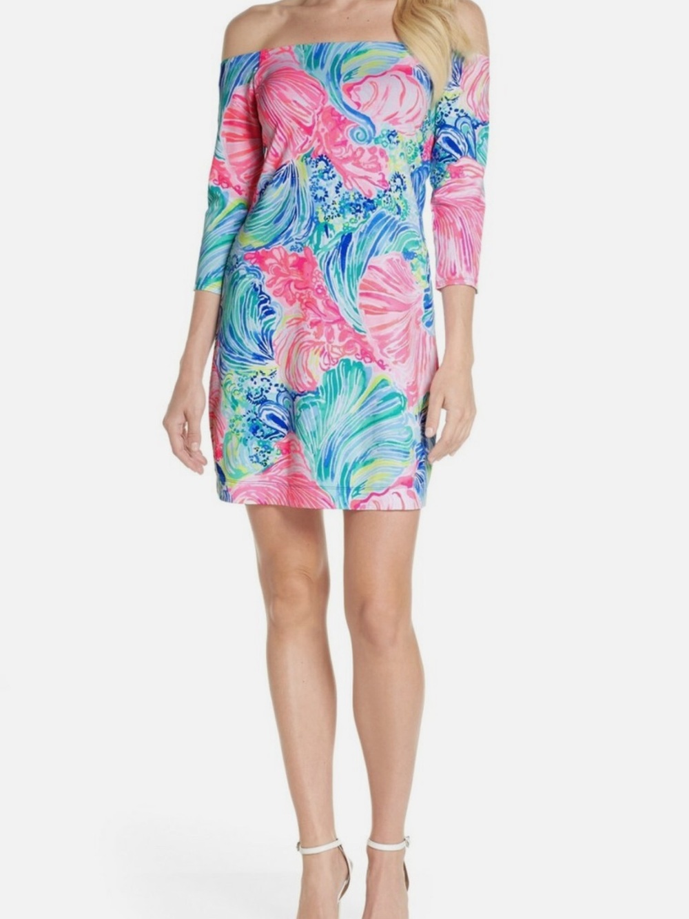 Lilly Pulitzer Off-Shoulder Pink, Blue & Green Printed Cover-Up Dress